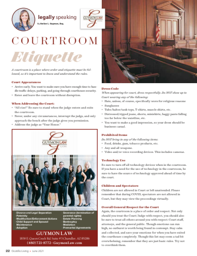COURTROOM ETIQUETTEJune 2021, Legally Speaking article in Ocotillo Living Magazine